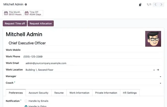 Odoo employee profile view showing time off summary, leave requests, and HR information