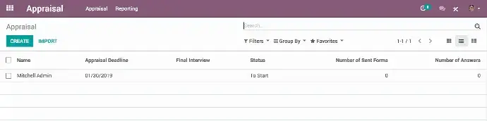 Odoo Appraisals list view displaying appraisal deadlines, status tracking, and sent appraisal forms