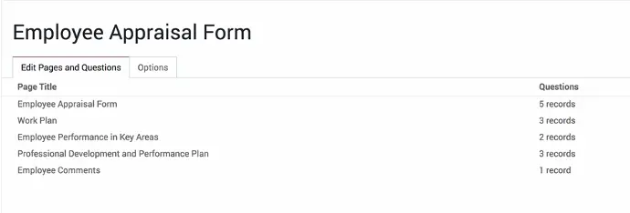 Odoo Appraisal form builder showing editable appraisal pages, performance sections, and feedback questions