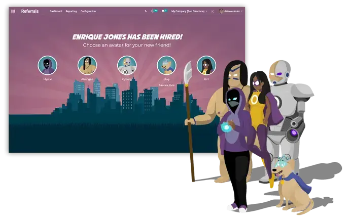 Odoo Referrals dashboard celebrating successful hire with gamified avatars and referral rewards