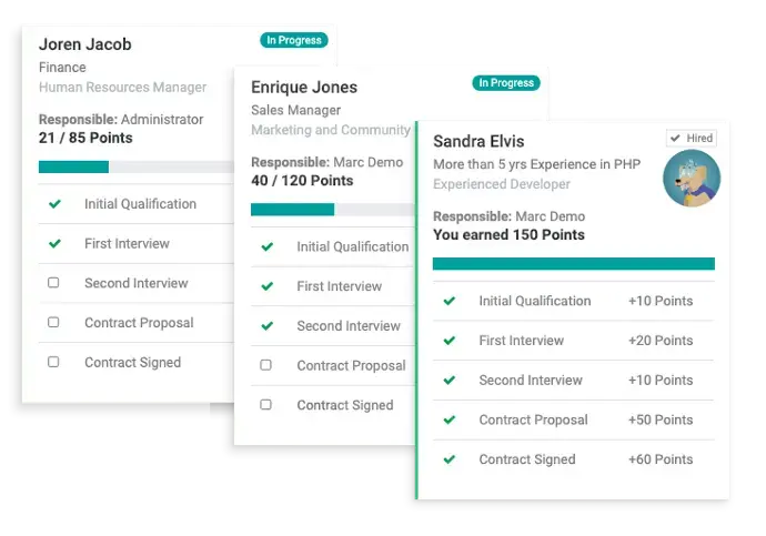 Odoo employee referral progress cards showing candidate stages, points earned, and hiring status
