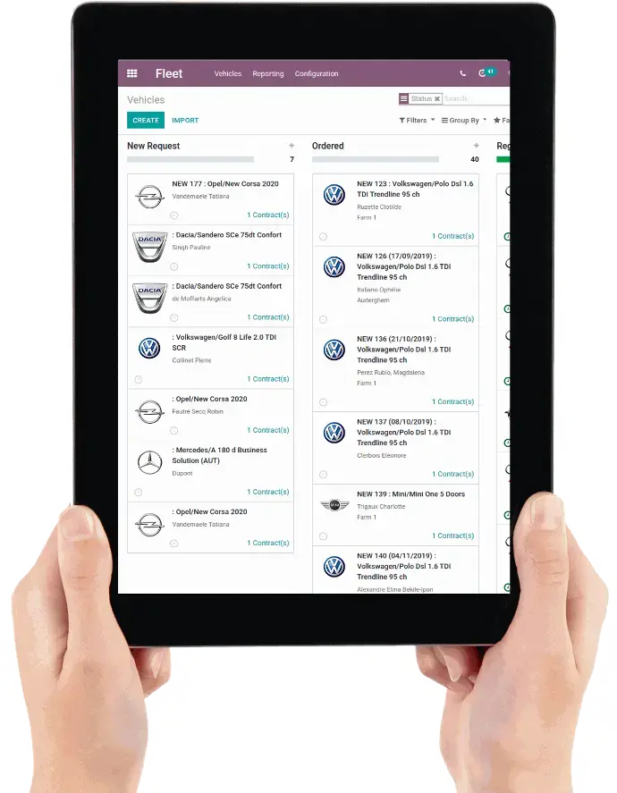 Odoo Fleet vehicle management interface displayed on tablet showing ordered and registered company cars
