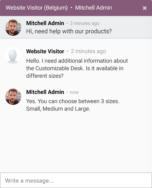 Odoo live chat conversation interface showing real-time customer inquiry and admin response