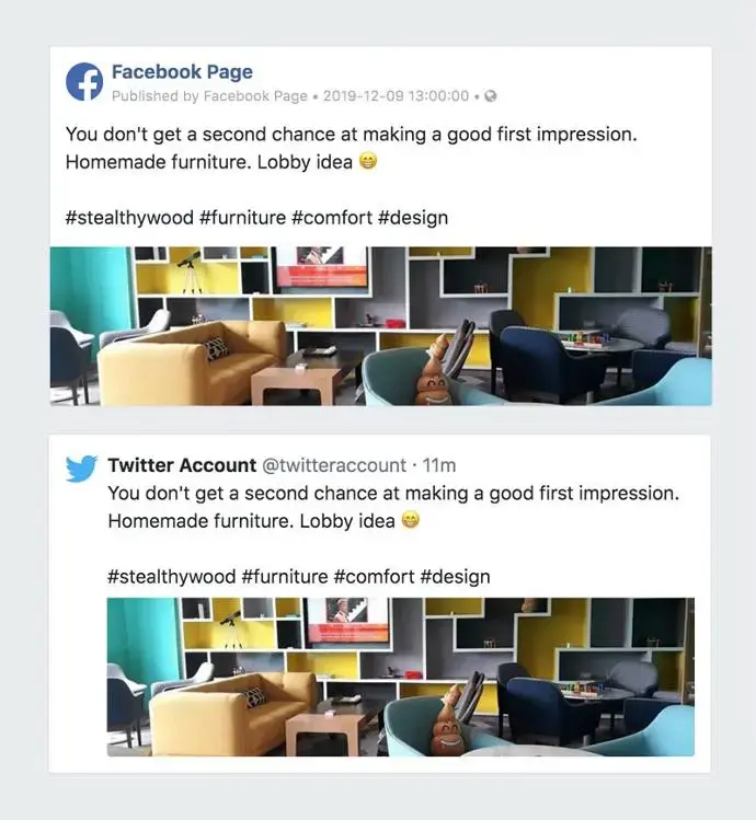 Odoo social media marketing preview displaying Facebook and Twitter posts with branded interior design visuals