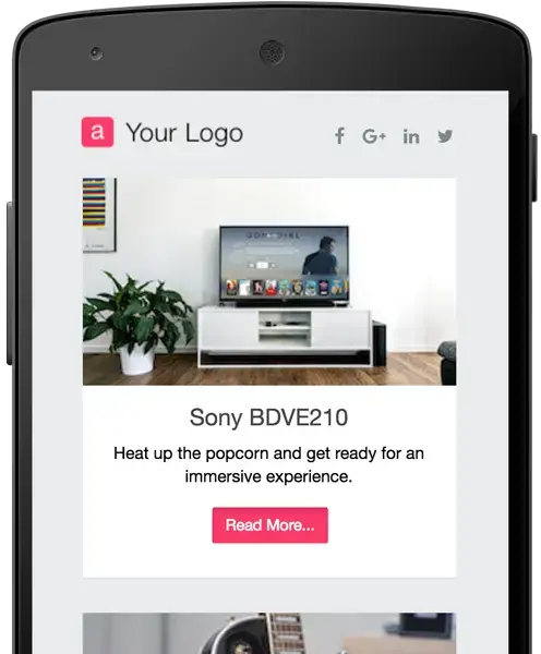 Odoo responsive email newsletter preview displayed on a mobile device