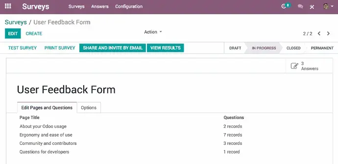 Odoo Surveys user feedback form interface showing survey pages and questions configuration