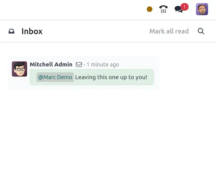 Odoo Discuss inbox showing internal messages, mentions, and notifications