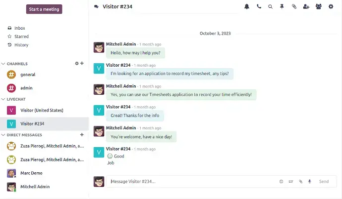 Odoo Discuss live chat interface handling real-time customer support conversation