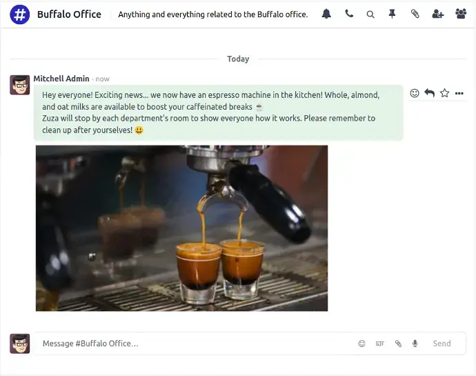 Odoo Discuss internal communication channel displaying company announcements