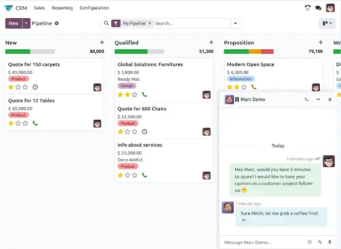 Odoo Discuss integrated with Odoo CRM pipeline for sales team collaboration