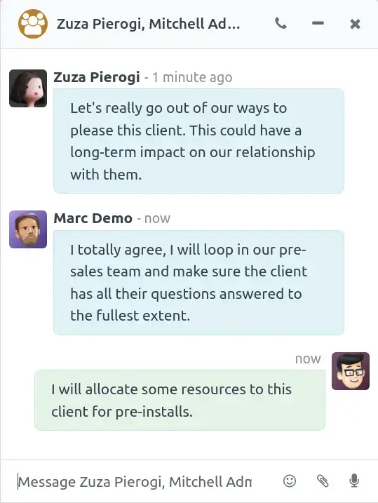 Odoo Discuss direct messaging interface for fast internal communication