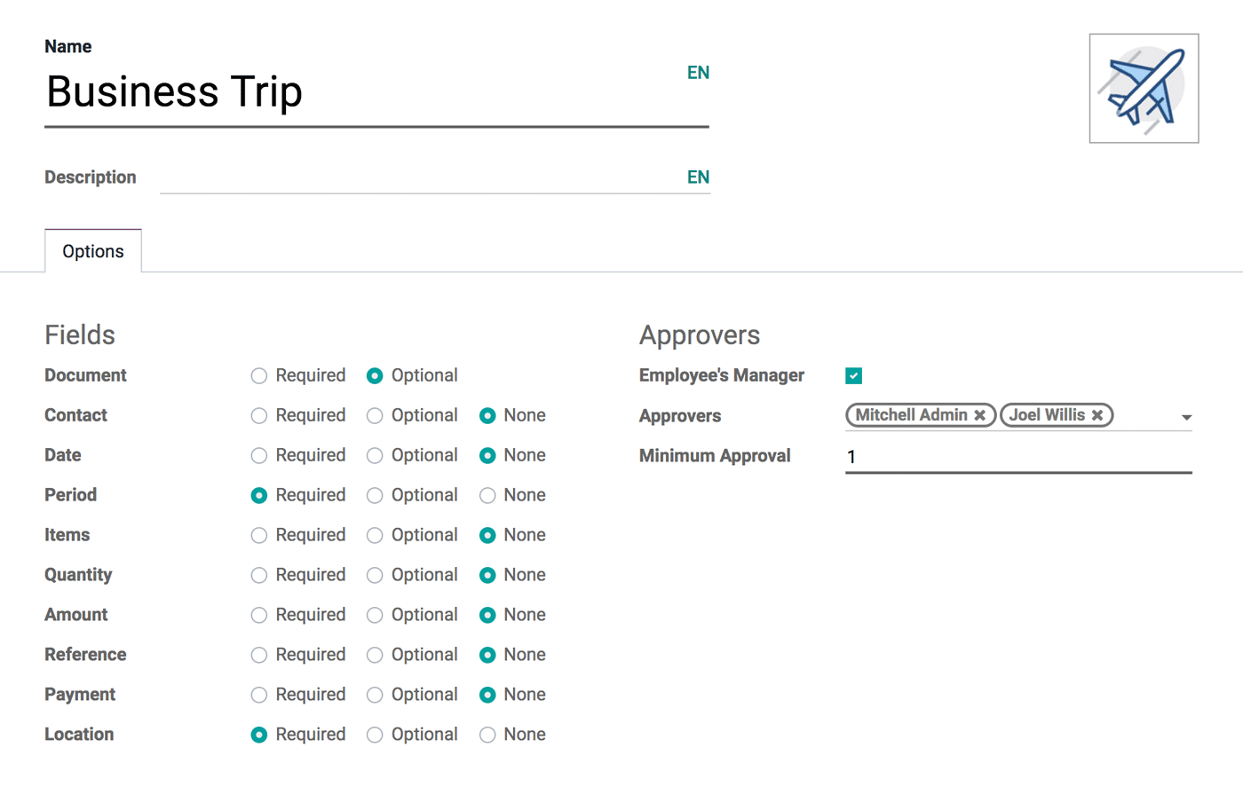 Odoo Approvals configuration screen for business trip request with approvers and required fields