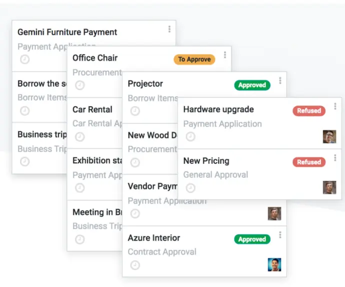 Odoo Approvals cards view displaying approved, pending, and refused requests