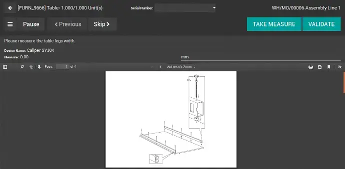 Odoo IoT quality control measurement screen with technical drawing reference