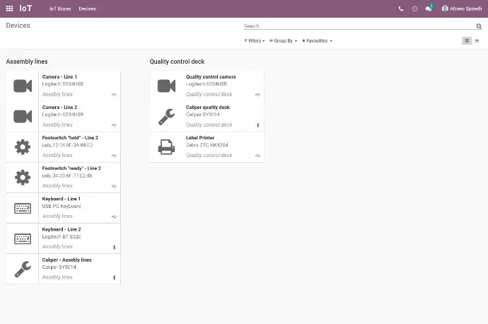 Odoo IoT devices dashboard showing connected assembly line hardware