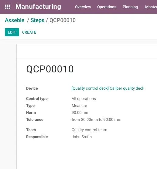 Odoo Manufacturing quality control step linked with IoT measurement device