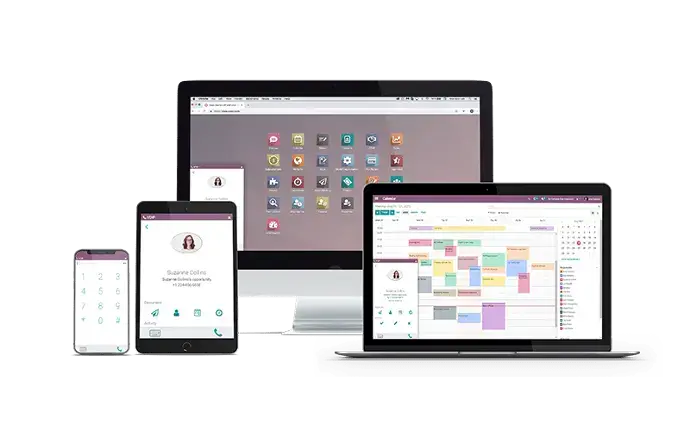 Odoo VoIP multi-device interface showing calls across desktop, tablet, and mobile