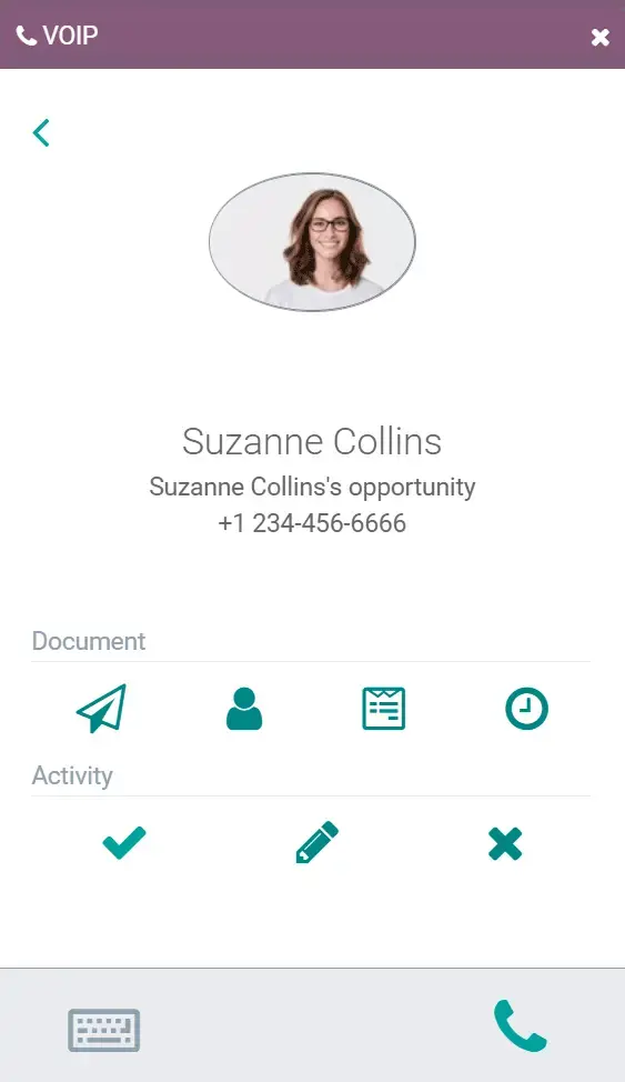 Odoo VoIP incoming call screen integrated with CRM contact details
