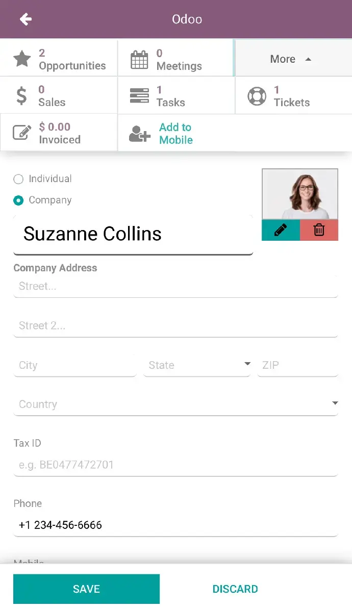 Odoo CRM contact profile integrated with VoIP calling and activity tracking