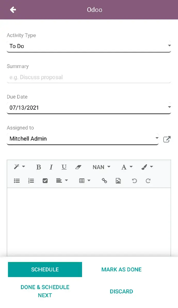 Odoo VoIP activity scheduling screen for call follow-ups and task management