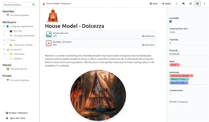 Odoo Knowledge article page displaying detailed product documentation with images and attachments