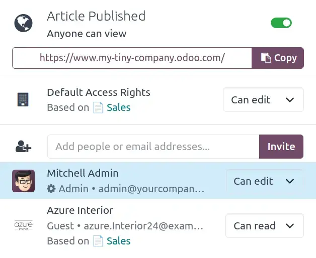 Odoo Knowledge article publishing and access control settings with sharing permissions