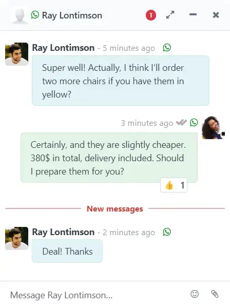 Odoo WhatsApp chat interface showing real-time customer conversation and deal confirmation