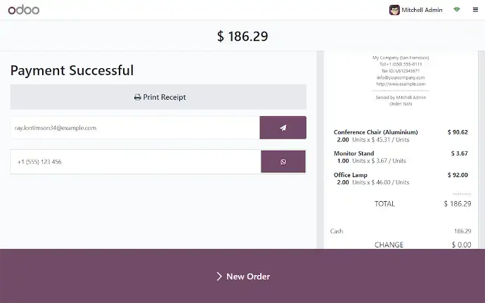 Odoo payment confirmation screen generated after WhatsApp-based order completion