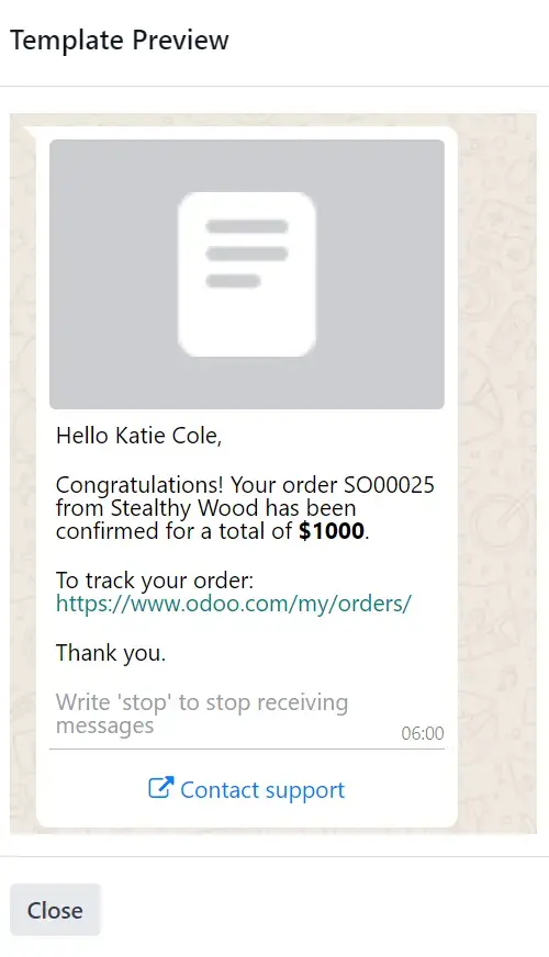 Odoo WhatsApp message template preview showing order confirmation notification