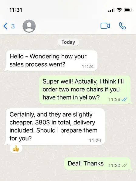 WhatsApp mobile chat synced with Odoo for customer sales communication