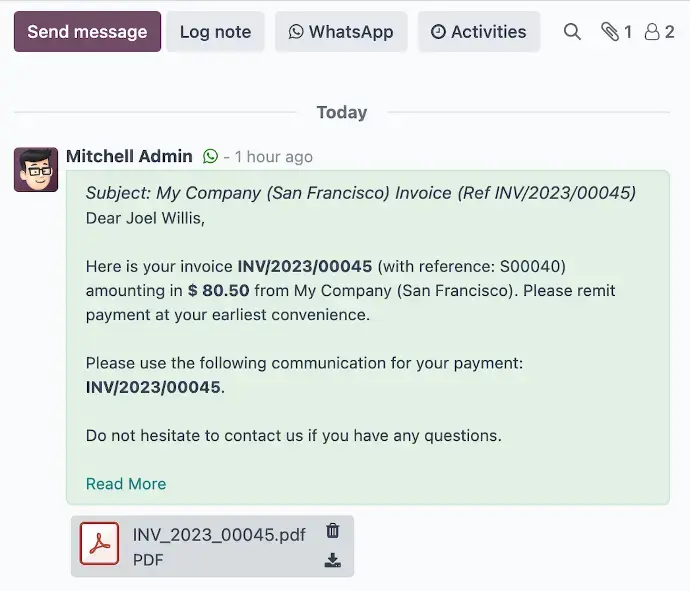 Odoo WhatsApp message view showing invoice sent with PDF attachment