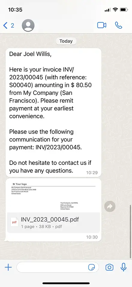 WhatsApp mobile view displaying invoice message sent from Odoo