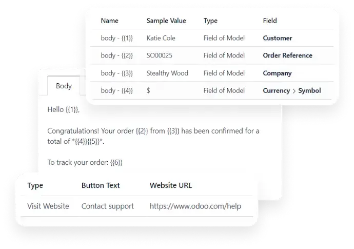Odoo WhatsApp message template editor with dynamic fields and automation setup