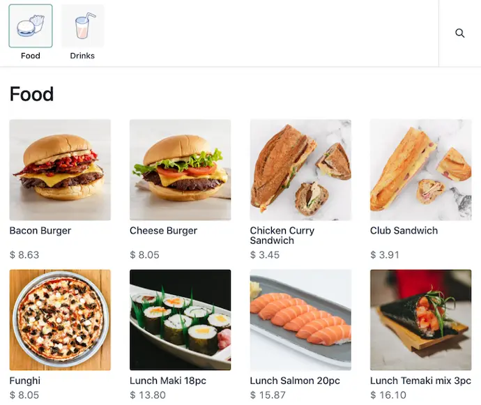 Odoo POS product menu showing food categories, item images, prices, and online ordering interface