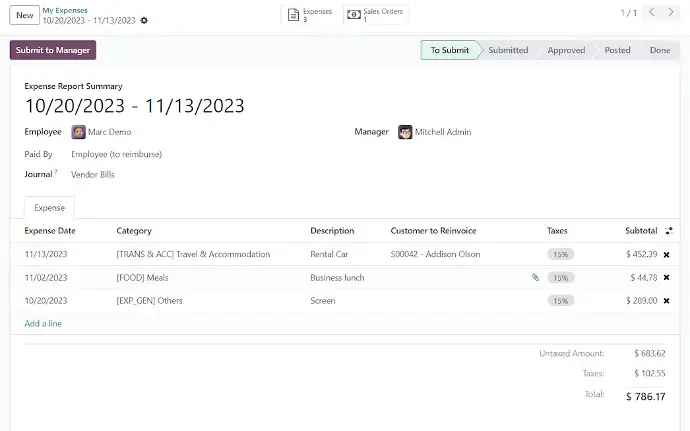 Vendor bill generated from expenses with accounting and tax details