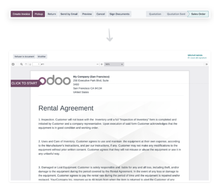 Odoo Rental agreement document view showing digital rental contract with e-signature workflow