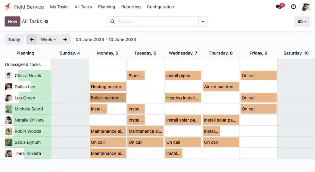 Odoo Field Service weekly planning calendar for field technicians