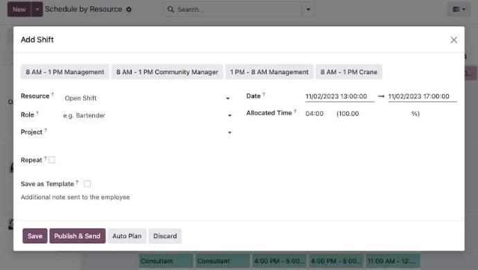 Odoo Planning add shift interface for assigning roles, projects, allocated time, and scheduling work shifts