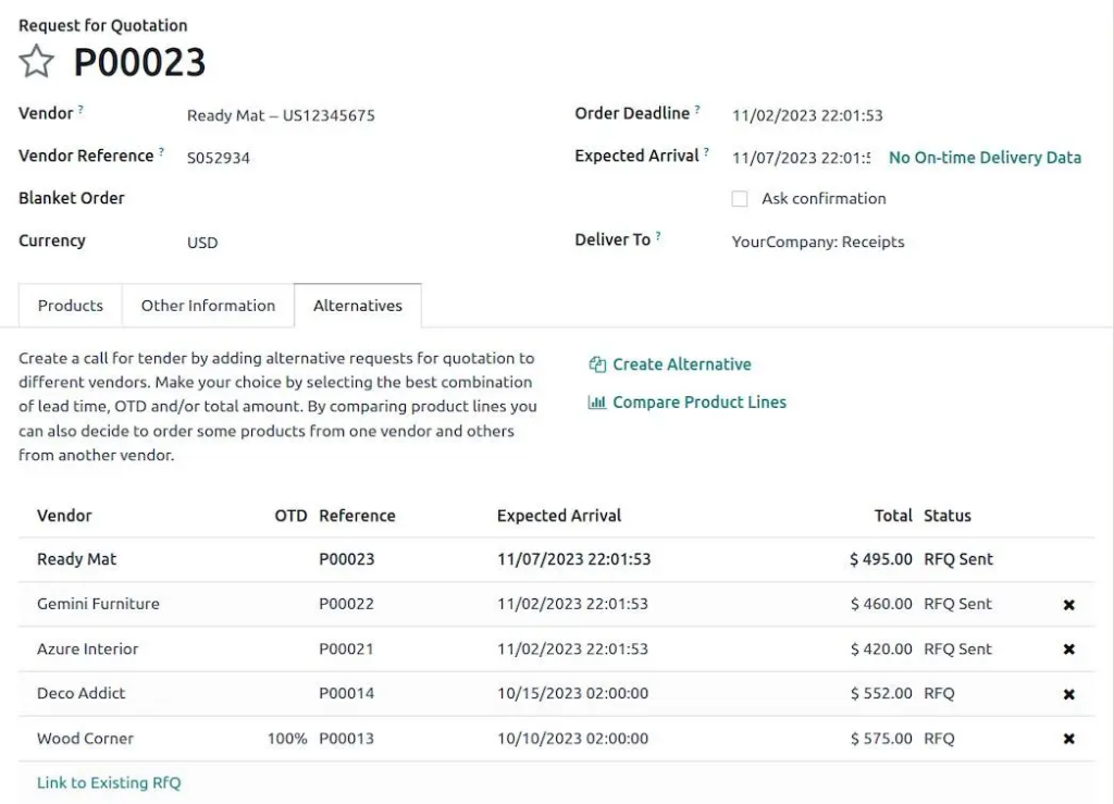 Odoo Purchase request for quotation detail view with vendor information, deadlines, and expected arrival