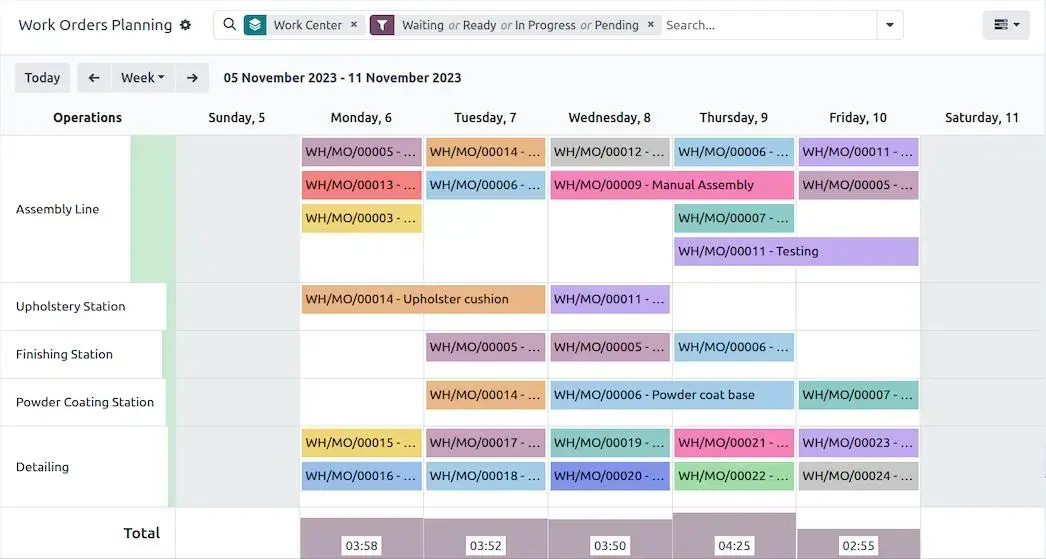 Odoo manufacturing work order planning calendar view