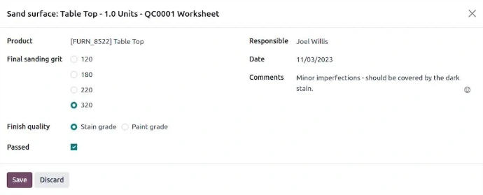 Odoo quality worksheet for surface finishing inspection results