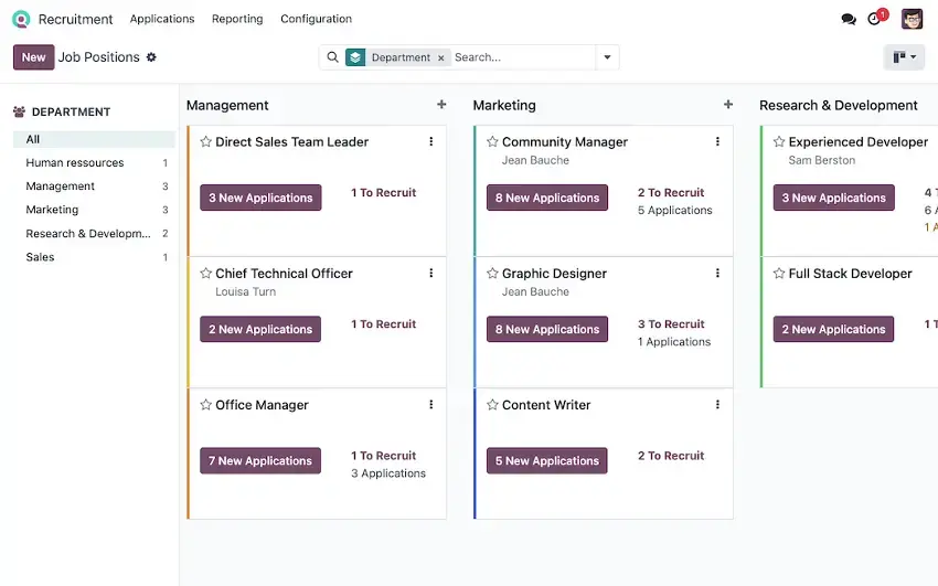 Odoo Recruitment dashboard showing job positions by department with application counts and hiring status