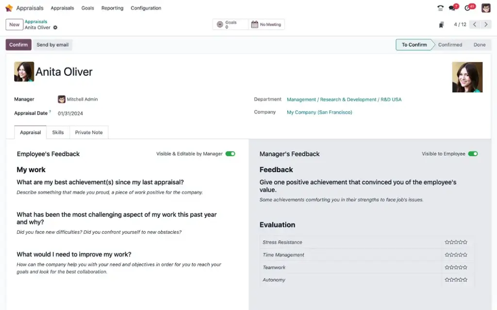 Odoo Appraisals employee review screen showing employee self-feedback, manager feedback, and performance evaluation metrics