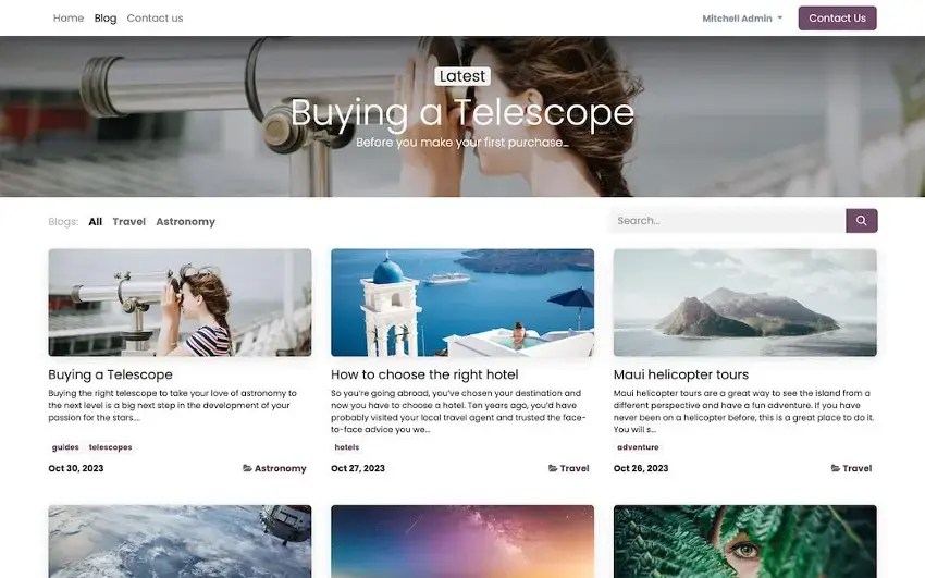 Blog homepage layout built with Odoo Website showing featured articles, categories, and search functionality