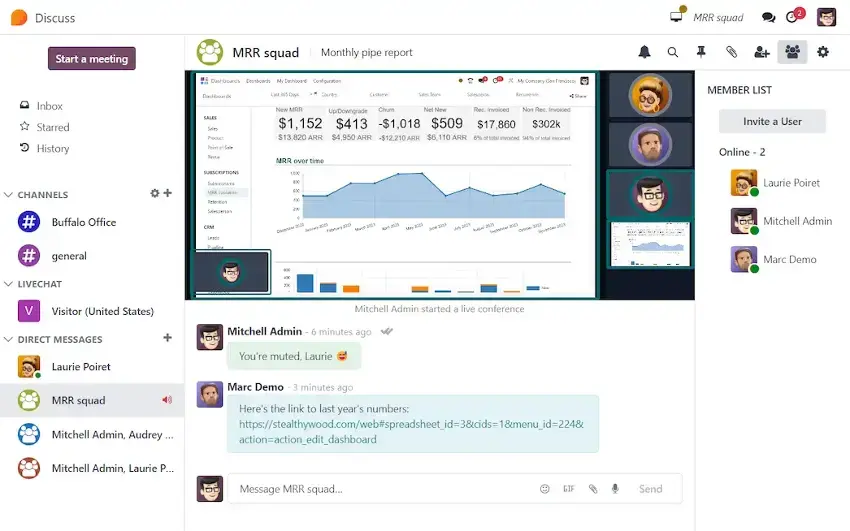 Odoo Discuss dashboard showing team channels, internal chat, and collaboration tools