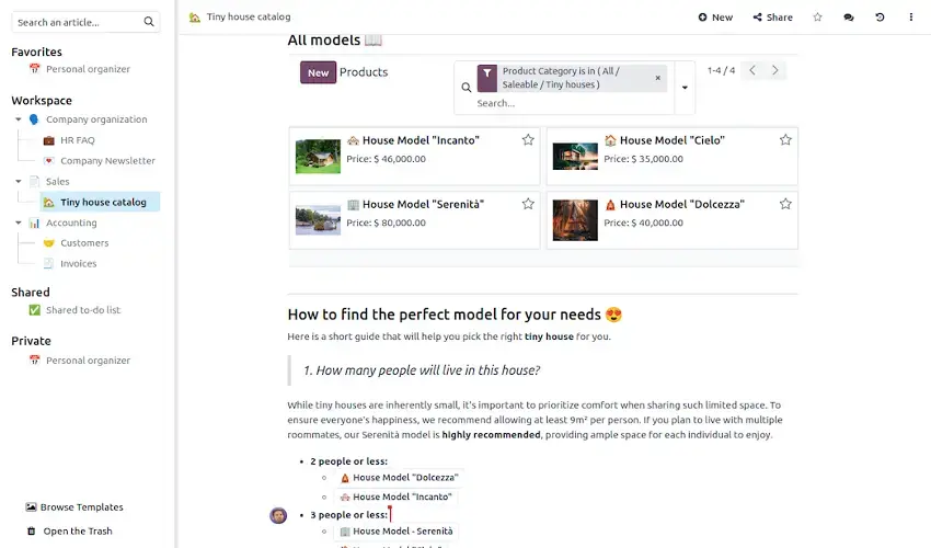Odoo Knowledge workspace showing product documentation, articles, and structured knowledge organization
