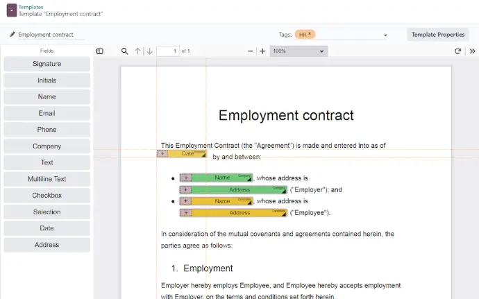 Employment contract template editor with draggable signature and form fields