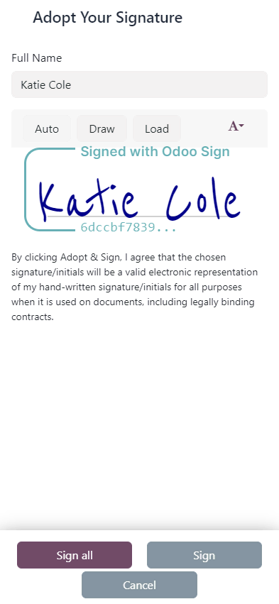 Electronic signature adoption screen with drawn digital signature in Odoo Sign