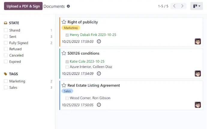 Odoo Sign document list filtered by tags and signature status