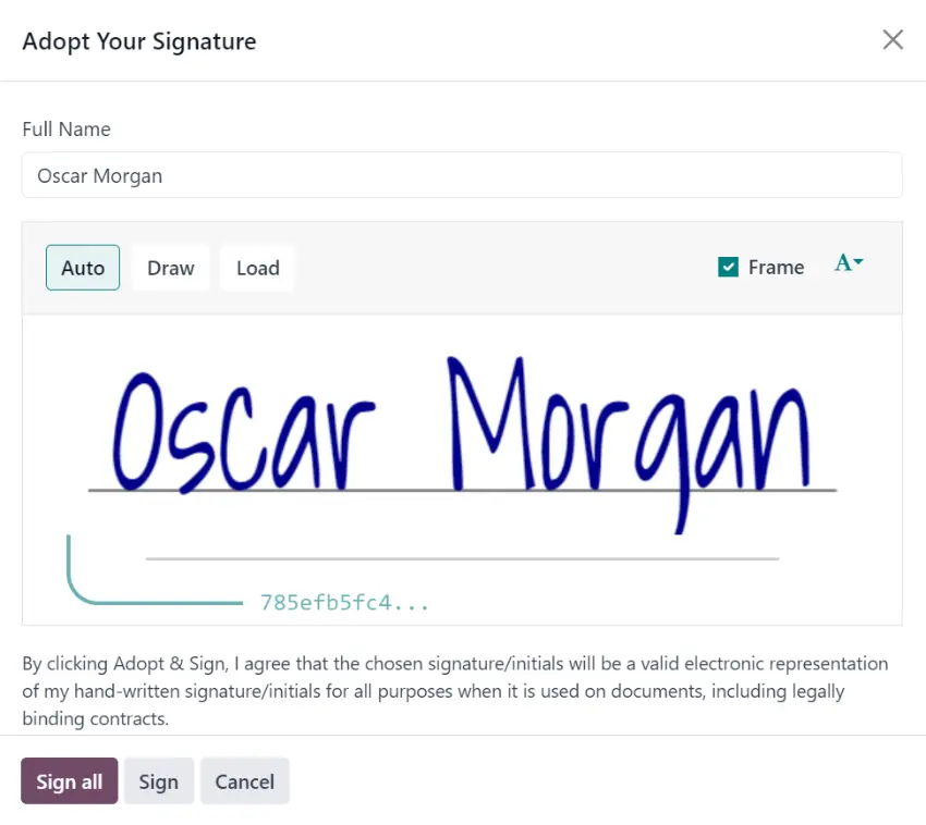 Digital signature interface displaying handwritten signature validation